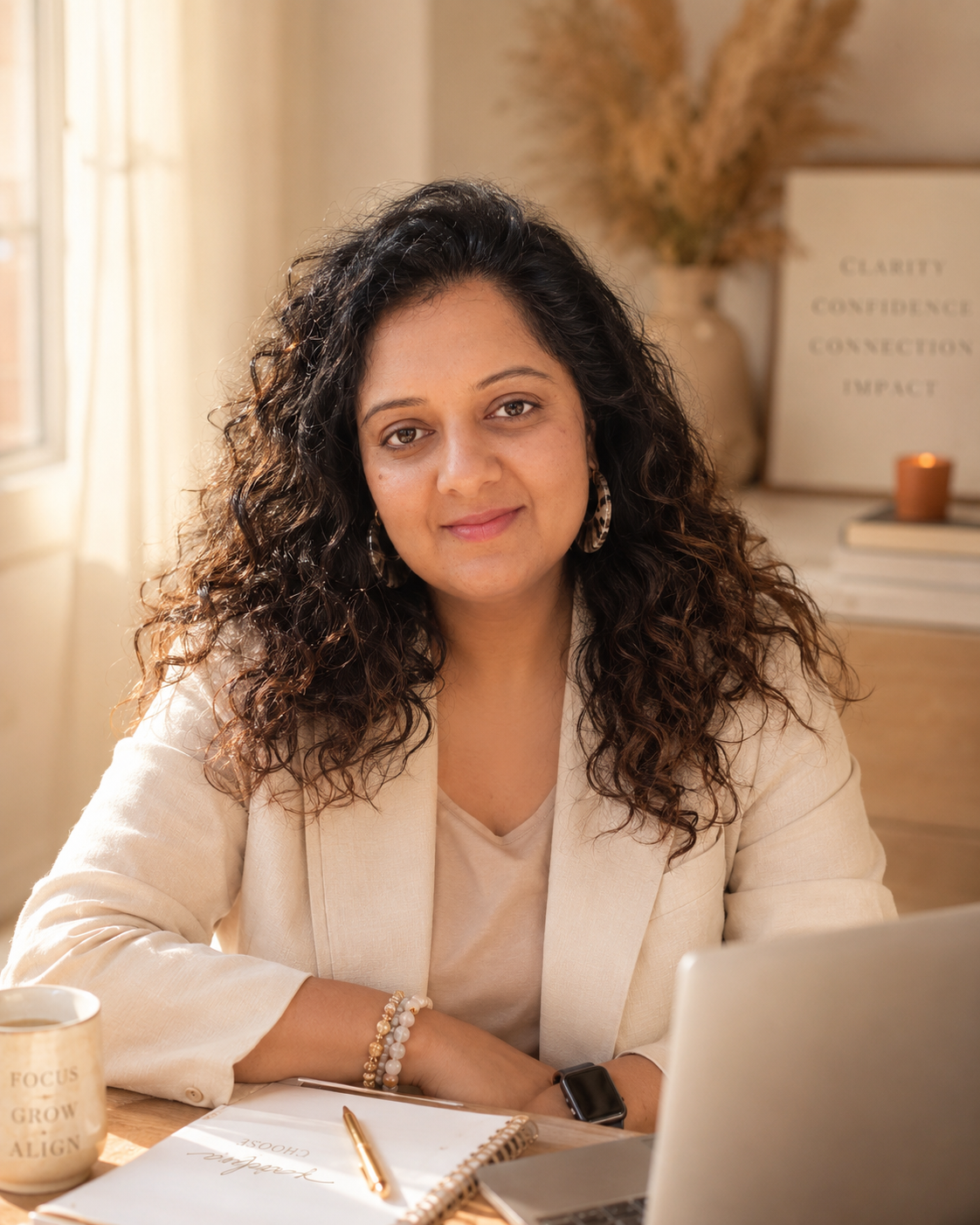 Confident woman sitting calmly near a sunlit window, reflecting
